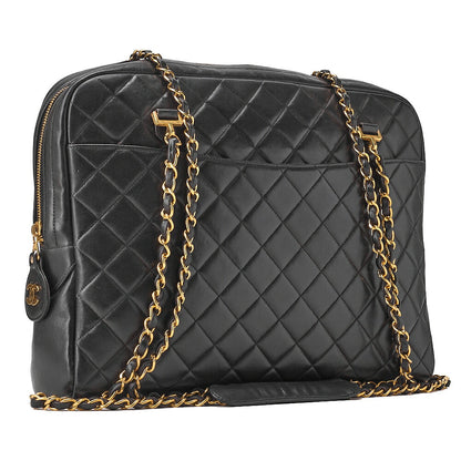 CHANEL Matelasse Double Chain Shoulder Bag Large Size Lambskin Black Gold-Tone Hardware, Pre-Owned