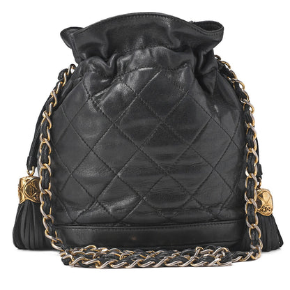 CHANEL Chain Shoulder Matelasse Fringe Drawstring Lambskin Black Gold-Tone Hardware, Pre-Owned