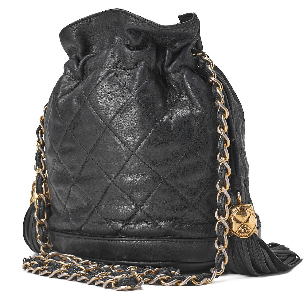 CHANEL Chain Shoulder Matelasse Fringe Drawstring Lambskin Black Gold-Tone Hardware, Pre-Owned