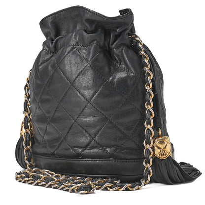 CHANEL Chain Shoulder Matelasse Fringe Drawstring Lambskin Black Gold-Tone Hardware, Pre-Owned