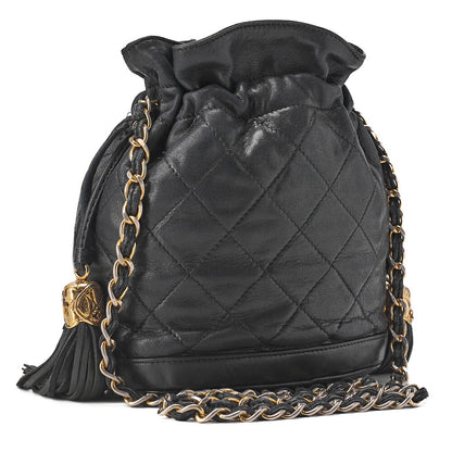CHANEL Chain Shoulder Matelasse Fringe Drawstring Lambskin Black Gold-Tone Hardware, Pre-Owned