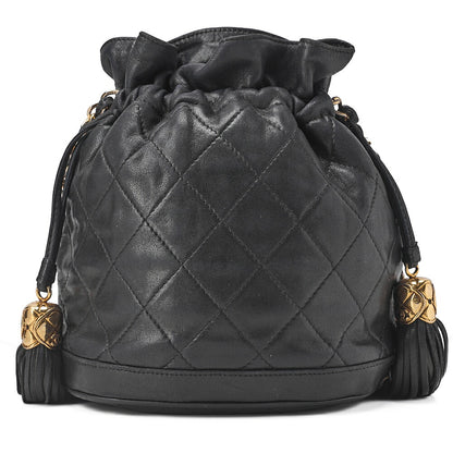 CHANEL Chain Shoulder Matelasse Fringe Drawstring Lambskin Black Gold-Tone Hardware, Pre-Owned
