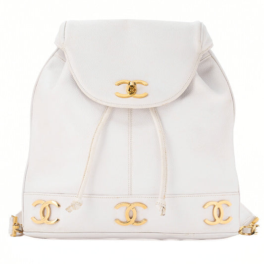 CHANEL Shoulder Bag Backpack Triple Coco Turnlock Caviar Skin White Gold-Tone Hardware, Pre-Owned