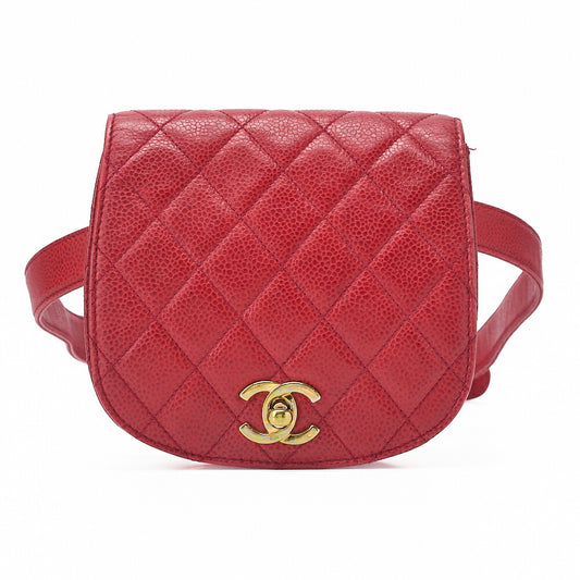CHANEL Waist Bag Matelasse Turnlock Round Caviar Skin Red Gold-Tone Hardware, Pre-Owned
