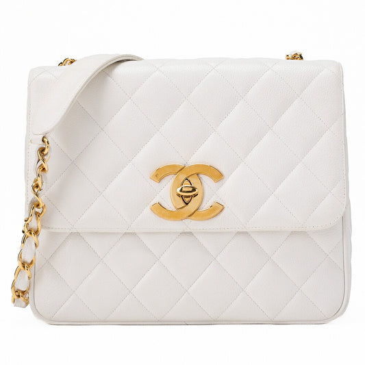 CHANEL Chain Shoulder Bag Matelasse Big Coco Square Caviar Skin White Gold-Tone Hardware, Pre-Owned