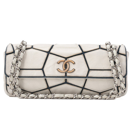CHANEL Lambskin East Waist Single Turnlock Chain Shoulder White x Black Silver-Tone Hardware, Pre-Owned
