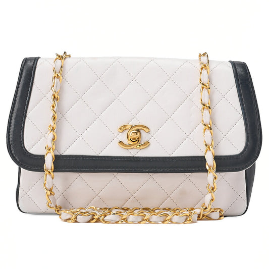 CHANEL Lambskin Matelasse Design Flap Single Chain Shoulder Black x White Gold-Tone Hardware, Pre-Owned