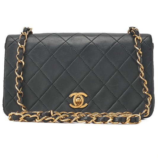 CHANEL Lambskin Matelasse Full Flap 19cm Turnlock Chain Shoulder Black Gold-Tone Hardware, Pre-Owned