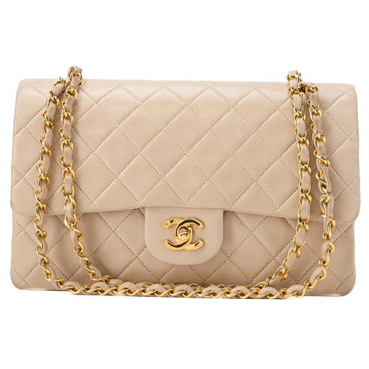 CHANEL Lambskin Matelasse 25cm Double Flap Chain Shoulder Beige Gold-Tone Hardware, Pre-Owned
