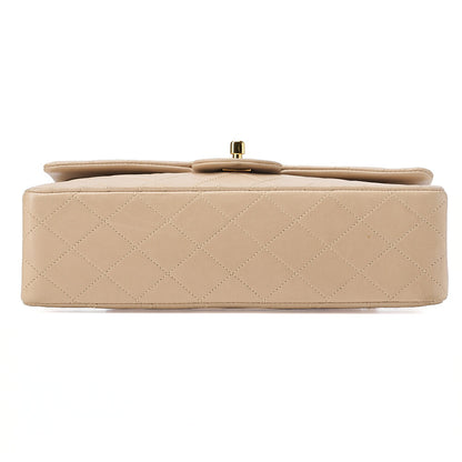 シャネル ラムスキン マトラッセ 25cm ダブルフラップ チェーンショルダー ベージュ ゴールド金具、中古品