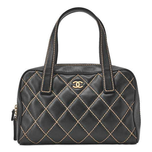 CHANEL Coco Mark Wild Stitch Handbag Calfskin Black Gold-Tone Hardware, Pre-Owned