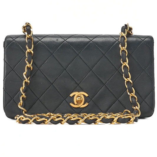 CHANEL Lambskin Matelasse Full Flap Chain Shoulder Black Gold-Tone Hardware, Pre-Owned