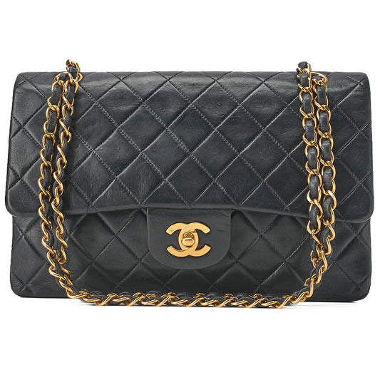 CHANEL Lambskin Matelasse 25cm Double Flap Chain Shoulder Black Gold-Tone Hardware, Pre-Owned
