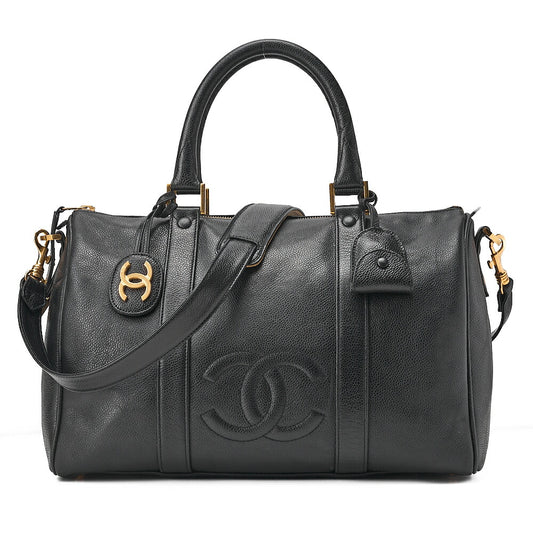 CHANEL Caviar Skin Coco Mark 2WAY Shoulder Boston Black Gold-Tone Hardware, Pre-Owned