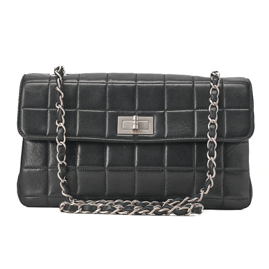 CHANEL Chocolate Bar 2.55 Multi-Pocket Chain Shoulder Lambskin Black Silver-Tone Hardware, Pre-Owned