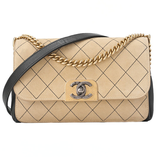 CHANEL Suede x Leather Matelasse Wild Stitch Chain Shoulder Beige x Black Gold x Silve-Tone Hardware, Pre-Owned