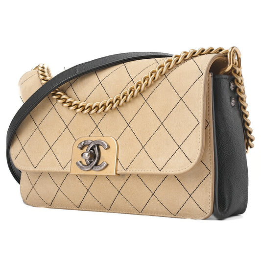CHANEL Suede x Leather Matelasse Wild Stitch Chain Shoulder Beige x Black Gold x Silve-Tone Hardware, Pre-Owned