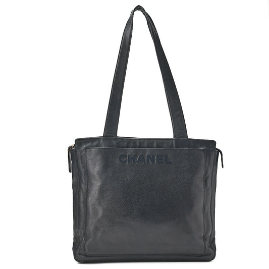 CHANEL Logo Mark Tote Bag with Logo Charm Caviar Skin Navy Gold-Tone Hardware, Pre-Owned