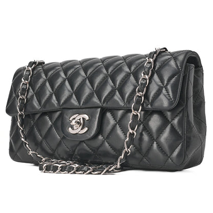 CHANEL Lambskin Matelasse 25cm Single Flap Chain Shoulder Black Silver-Tone Hardware, Pre-Owned