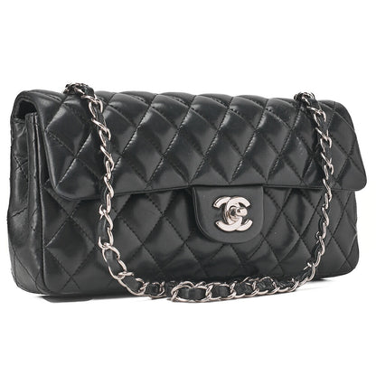 CHANEL Lambskin Matelasse 25cm Single Flap Chain Shoulder Black Silver-Tone Hardware, Pre-Owned