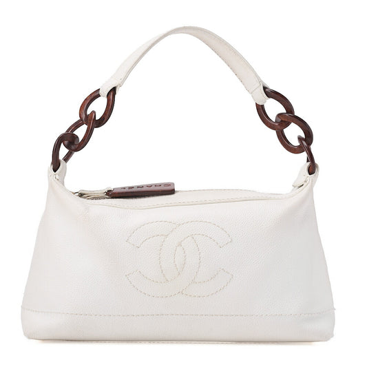 CHANEL Coco Mark Wood Pattern with Charm One Shoulder Bag Caviar Skin White Gold-Tone Hardware, Pre-Owned