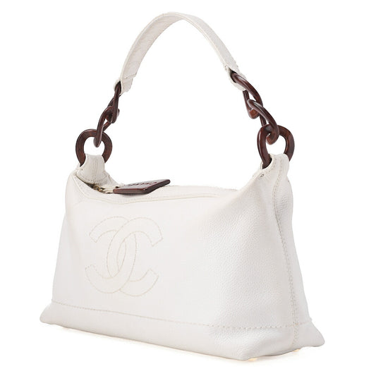 CHANEL Coco Mark Wood Pattern with Charm One Shoulder Bag Caviar Skin White Gold-Tone Hardware, Pre-Owned