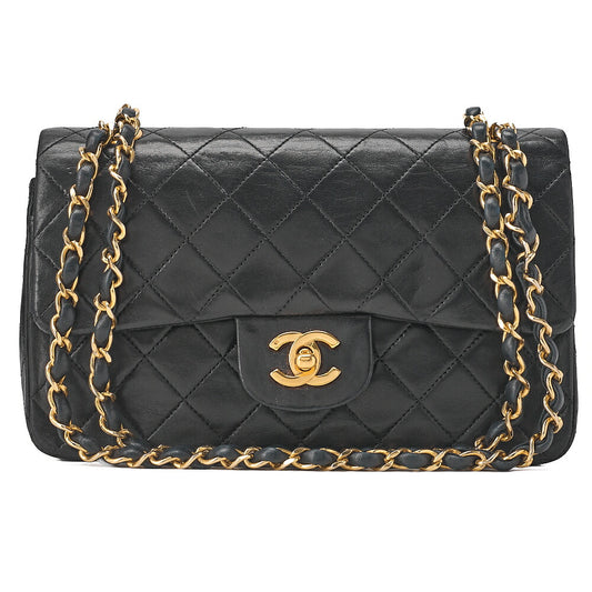 CHANEL Chain Shoulder Bag Matelasse 23cm Double Flap Lambskin Black Gold-Tone Hardware, Pre-Owned