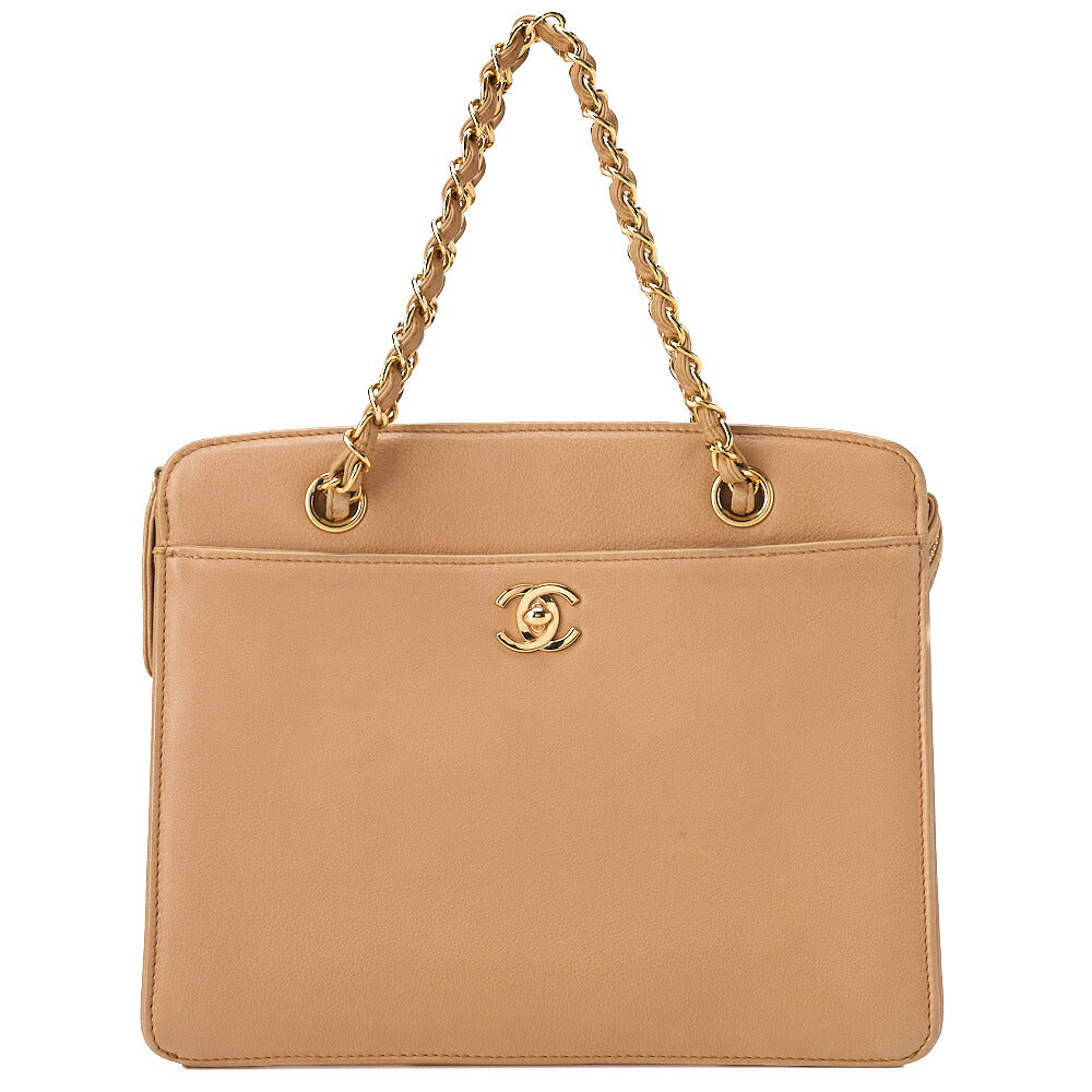 CHANEL Coco Mark with Logo Charm Chain Tote Bag Lambskin Beige Gold-Tone Hardware, Pre-Owned