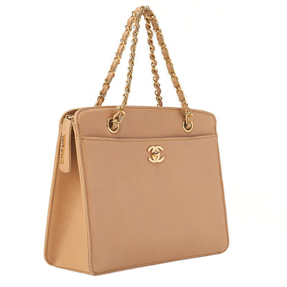CHANEL Coco Mark with Logo Charm Chain Tote Bag Lambskin Beige Gold-Tone Hardware, Pre-Owned