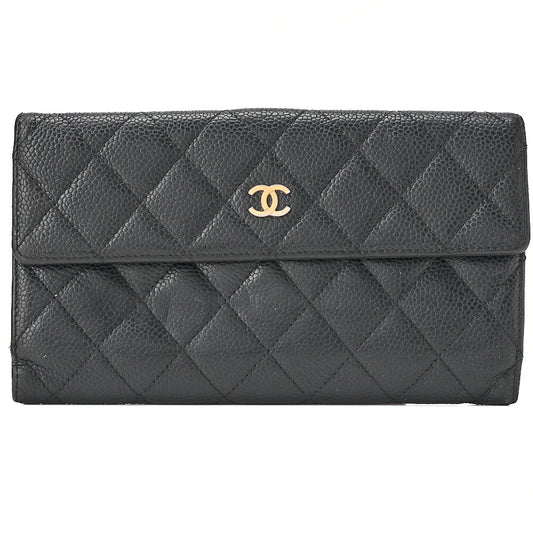 CHANEL Matelasse 2-Fold Long Wallet Caviar Skin Black Gold-Tone Hardware, Pre-Owned