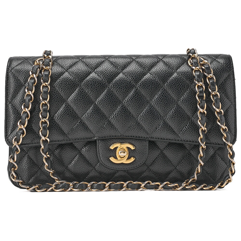 CHANEL Caviar Skin Matelasse 25cm Double Flap Chain Shoulder Black Gold-Tone Hardware, Pre-Owned
