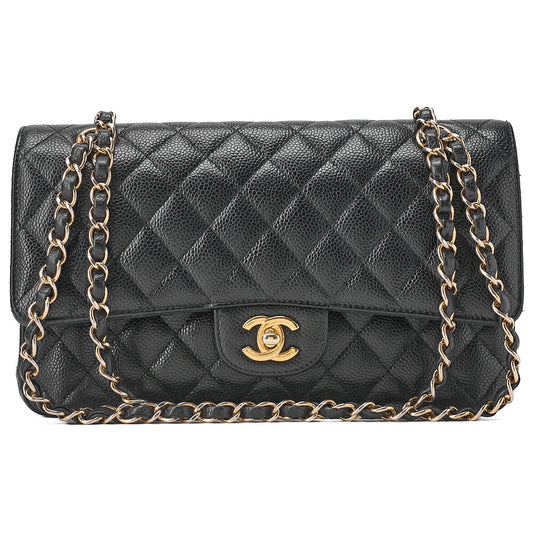 CHANEL Caviar Skin Matelasse 25cm Double Flap Chain Shoulder Black Gold-Tone Hardware, Pre-Owned