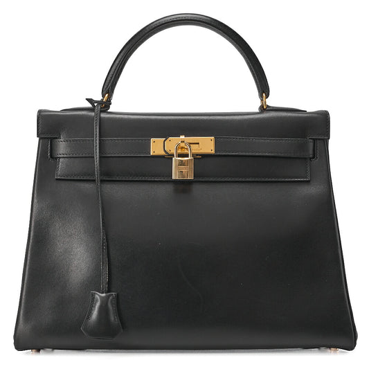 HERMES Kelly 32 Box Calf Inseam Handbag Black Gold-Tone Hardware, Pre-Owned