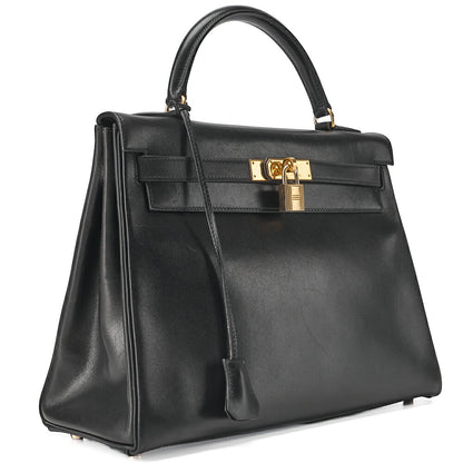 HERMES ケリー32 ボックスカーフ 内縫い ハンドバッグ ブラック ゴールド金具 中古
