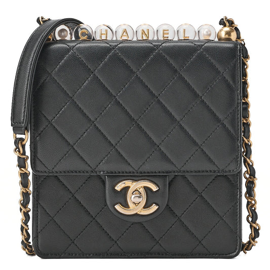 CHANEL Chain Shoulder CC Logo Mini Matelasse Pearl Chain Wallet Lambskin Black Gold-Tone Hardware, Pre-Owned