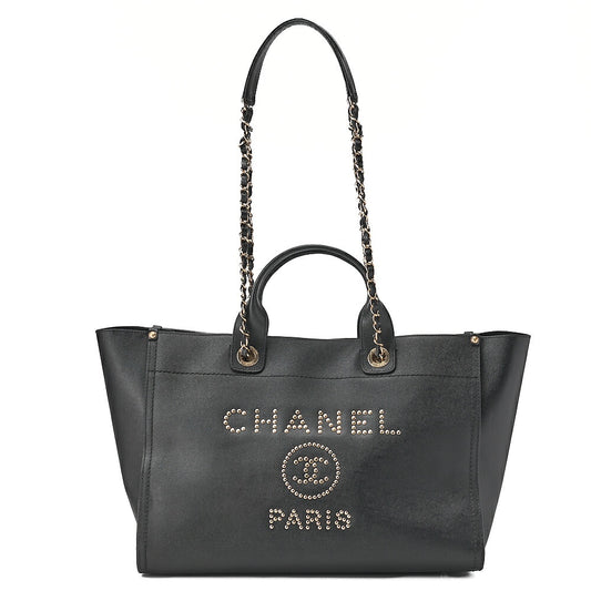 CHANEL Deauville MM Caviar Skin Studs Chain Tote Bag Black Gold-Tone Hardware, Pre-Owned