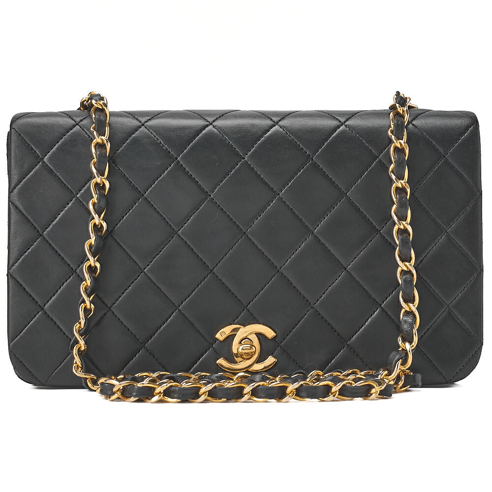 CHANEL ラムスキン マトラッセ フル フラップ ターンロック チェーン ショルダーバッグ ブラック ゴールド金具 中古品