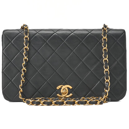 CHANEL ラムスキン マトラッセ フル フラップ ターンロック チェーン ショルダーバッグ ブラック ゴールド金具 中古品