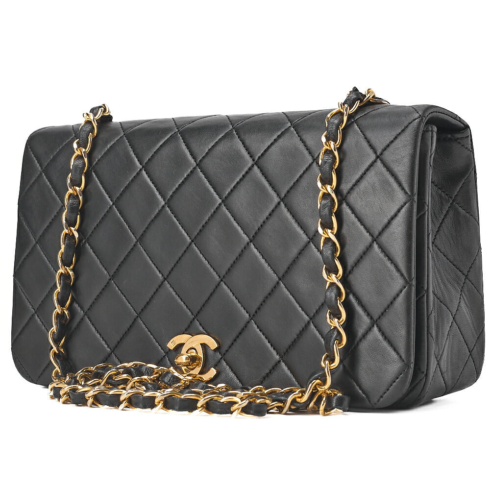 CHANEL ラムスキン マトラッセ フル フラップ ターンロック チェーン ショルダーバッグ ブラック ゴールド金具 中古品