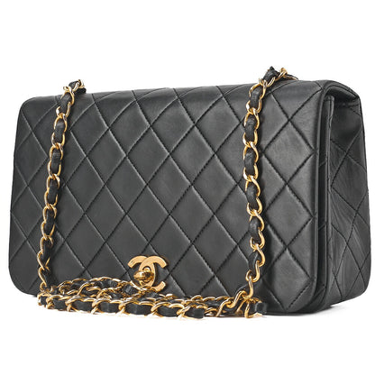 CHANEL ラムスキン マトラッセ フル フラップ ターンロック チェーン ショルダーバッグ ブラック ゴールド金具 中古品