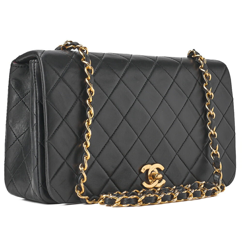 CHANEL ラムスキン マトラッセ フル フラップ ターンロック チェーン ショルダーバッグ ブラック ゴールド金具 中古品