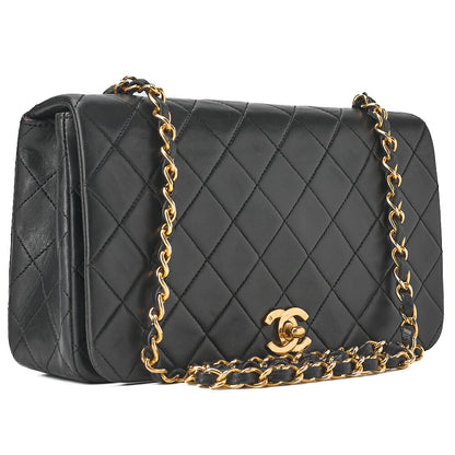 CHANEL ラムスキン マトラッセ フル フラップ ターンロック チェーン ショルダーバッグ ブラック ゴールド金具 中古品