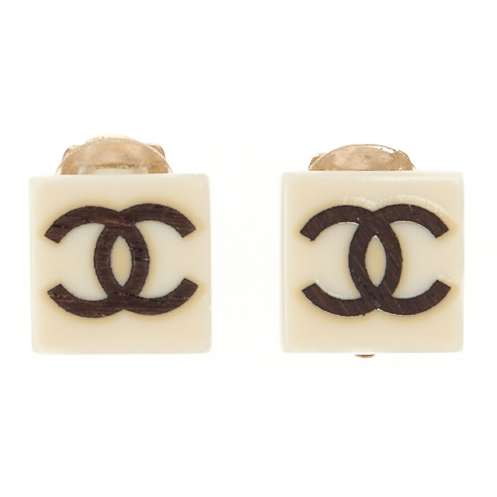 CHANEL ピアス スクエア ココマーク 白 x 黒 (GP)ゴールド金具 中古
