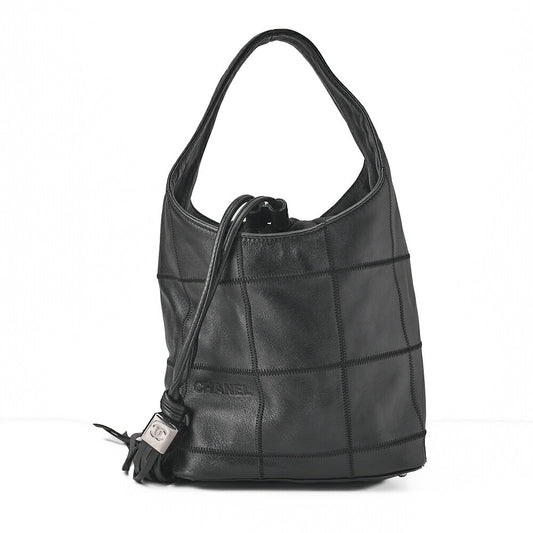 CHANEL Handbag Calfskin Chocolate Bar Logo Mark with Fringe Black Silver-Tone Hardware, Pre-Owned