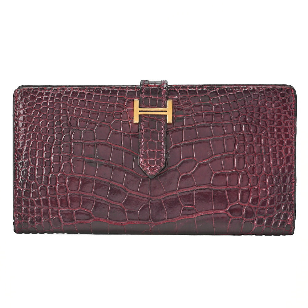 HERMES ベアンスフレ アリゲーター 2つ折り長財布 ボルドー ゴールド金具 中古
