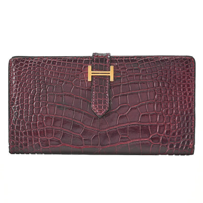HERMES ベアンスフレ アリゲーター 2つ折り長財布 ボルドー ゴールド金具 中古