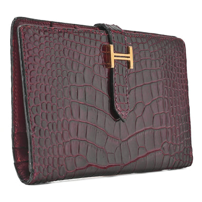 HERMES ベアンスフレ アリゲーター 2つ折り長財布 ボルドー ゴールド金具 中古