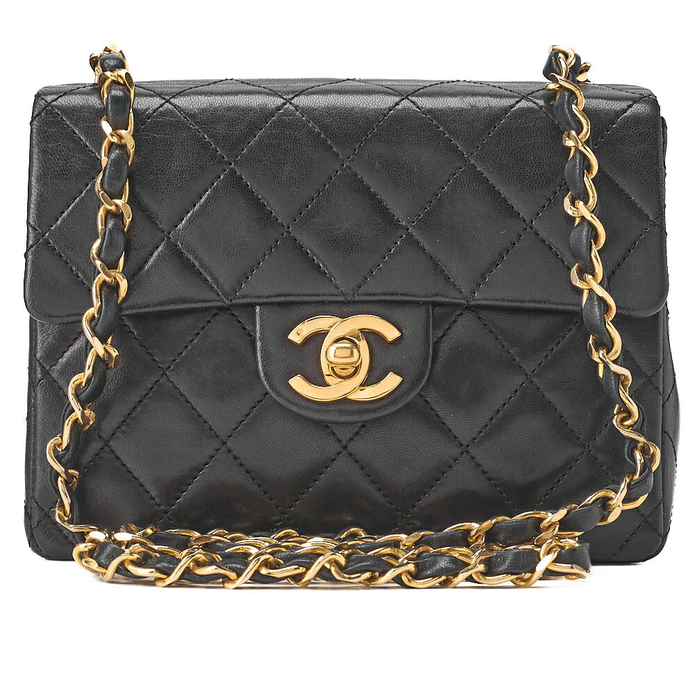 CHANEL Chain Shoulder Bag Mini Matelasse 17cm Lambskin Black Gold-Tone Hardware, Pre-Owned