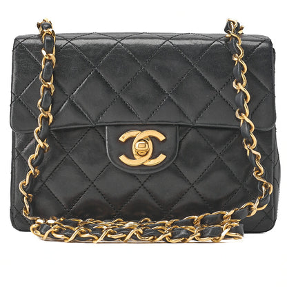 CHANEL Chain Shoulder Bag Mini Matelasse 17cm Lambskin Black Gold-Tone Hardware, Pre-Owned