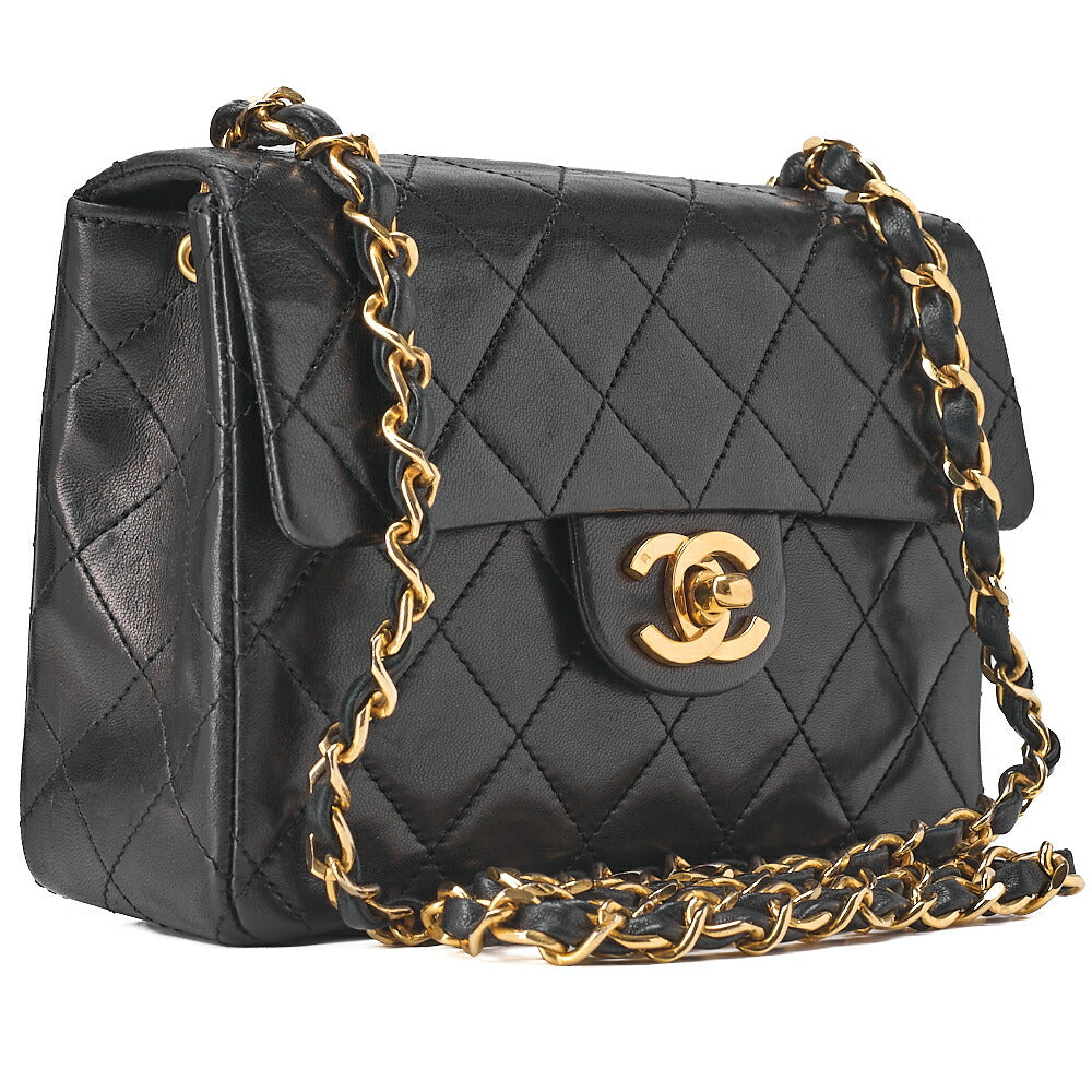 CHANEL Chain Shoulder Bag Mini Matelasse 17cm Lambskin Black Gold-Tone Hardware, Pre-Owned